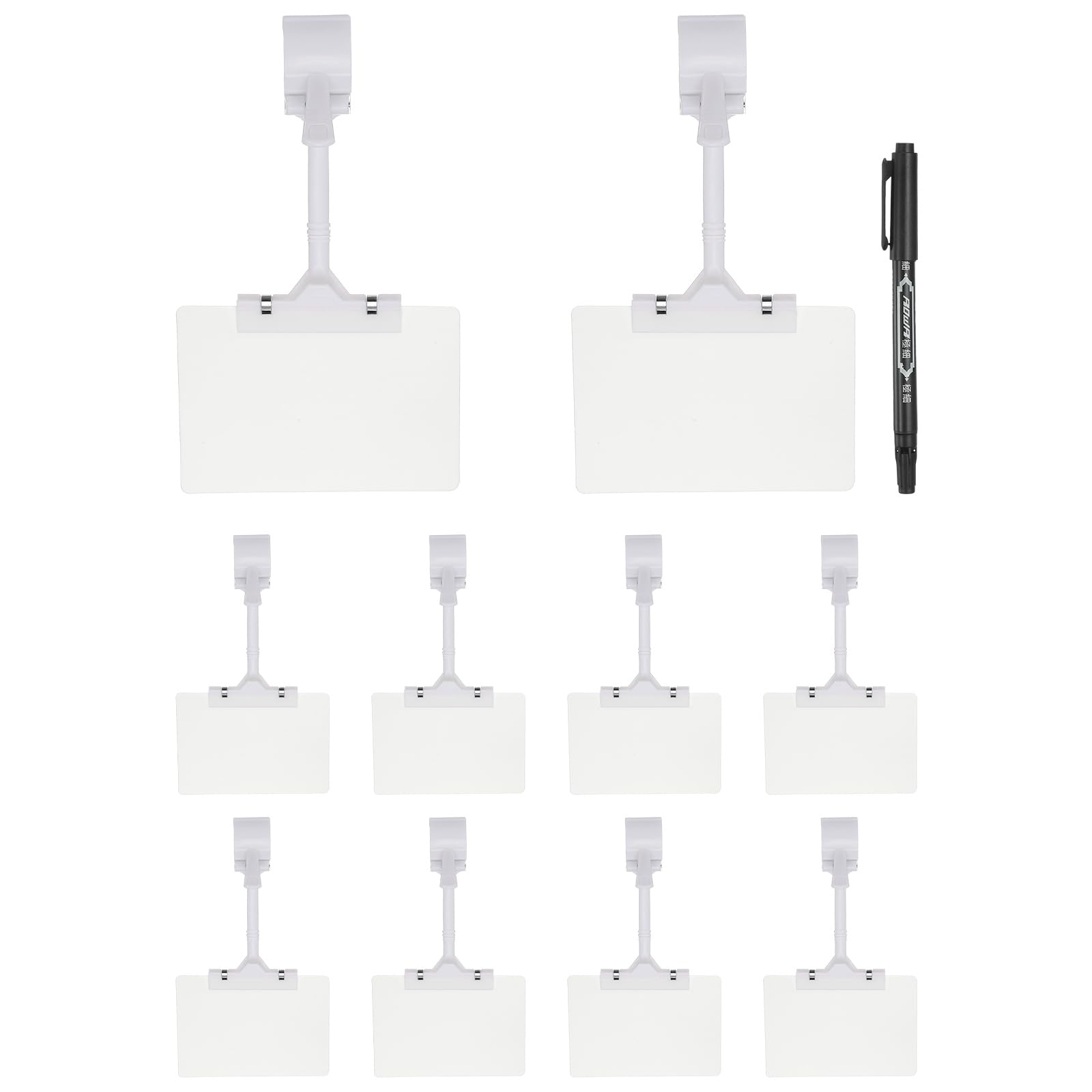 PATIKIL Sign Holder Clips, 10 Pcs Sign Holder Double Clip Adjustable Price Tag with White A6 Plastic Cards & Erasable Marker for Supermarket Office Exhibition, White