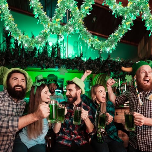 Image of 33 FT St Patricks Day Garland with Gold Green Shamrock Hat Tinsel Garland,Shiny Metallic Garlands St Patricks Day Decor for Home Indoor Outdoor St Patricks Party Supplies