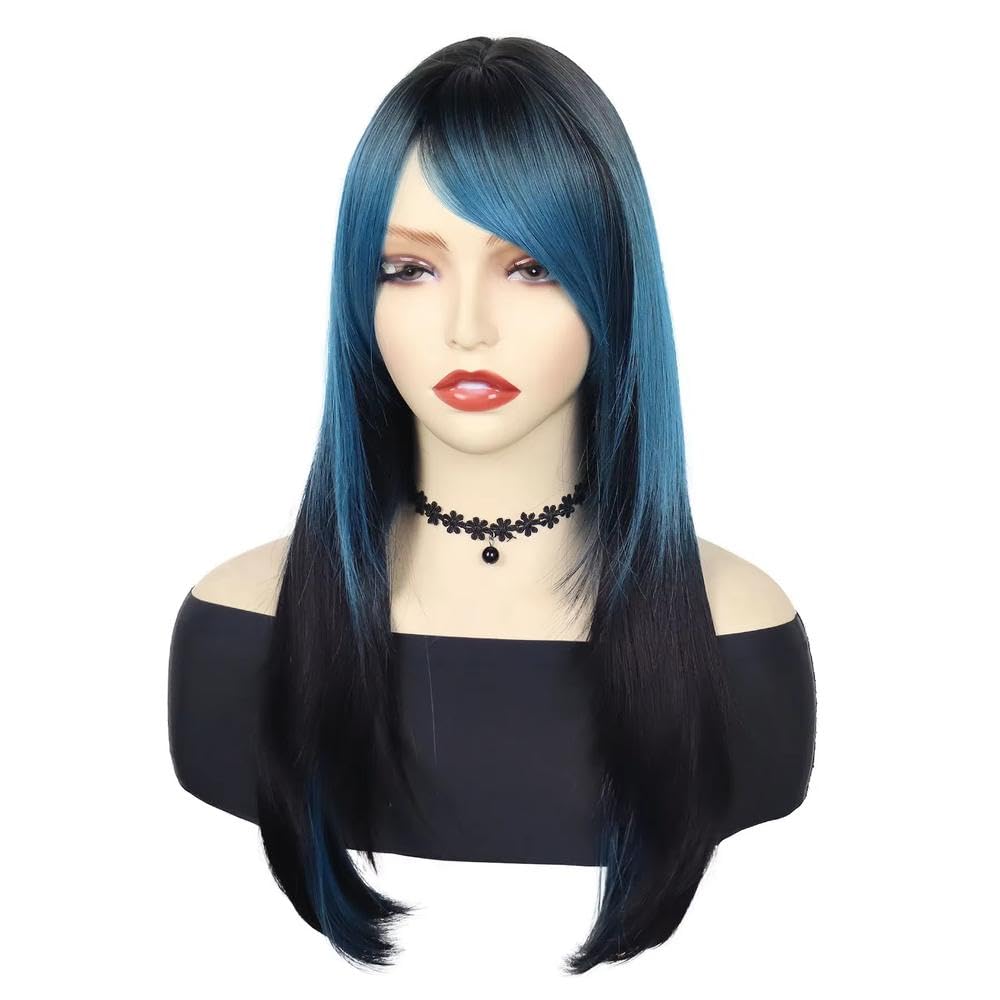 Haarpflege Blau Gemischte Schwarze Lange Gerade Perücke Für Frauen Cosplay Party Perücken(Blue Mixed Black)
