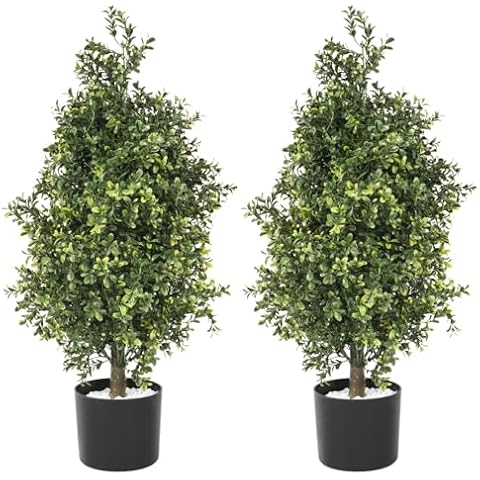 usego 2 Pack Artificial Boxwood Topiary Tree 2.49ft. Fake Topiary Bushes with Black Plastic Pot Faux Shrub for Porch Indoor Outdoor Home Garden Decor Cover