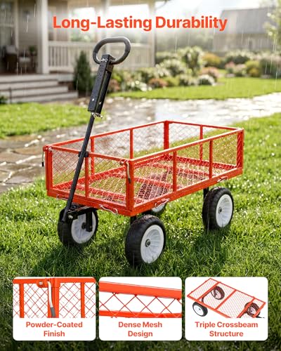 Image of VEVOR 900 LBS Steel Garden Cart, 2 in 1 Handle, Heavy Duty Pullable Garden Wagon with 10 inch Flat-Free Tires, Outdoor Utility Yard Wagon Cart with Detachable Side Panels, Attach to ATV or Tractor, Red