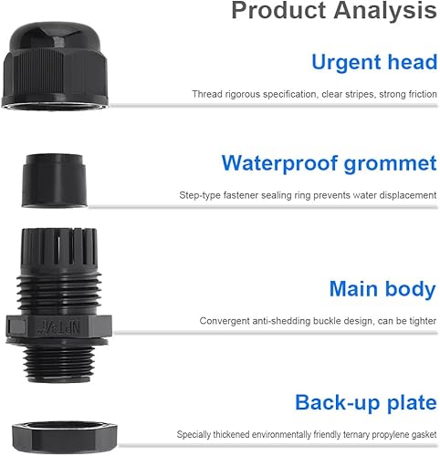 Miniatura 28 de RTNLIT Prensaestopas NPT de 1-1/4 pulgadas, conectores de cable de alivio de tensión de plástico de nailon ajustable impermeable con juntas