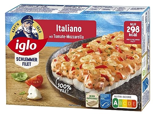 iglo Schlemmer-Filet Italiano - Fischfilet mit Auflage aus Tomaten, Paprika und Mozzarella - aus 100 % Alaska Seelachs - 1 Stück, 380 g (Tiefgefroren)