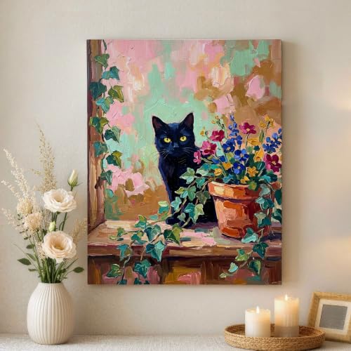 Lienzo de gato floral que inspira alegría y luz abstracta en tu dormitorio moderno