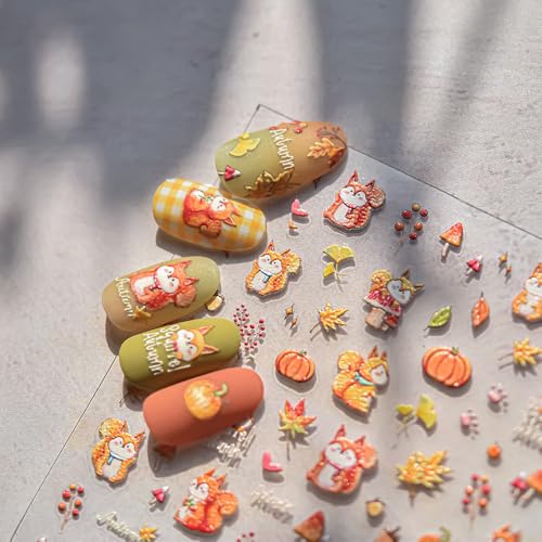 Image of Fall Nail Stickers Squirrel Nail Art Stickers Maple Leaf Nail Decals 5D Self Adhesive with Design Autumn Pumpkin Nails Art Decals Cute Nails Decoration for Women Girls Kid Manicure Charms Accessories