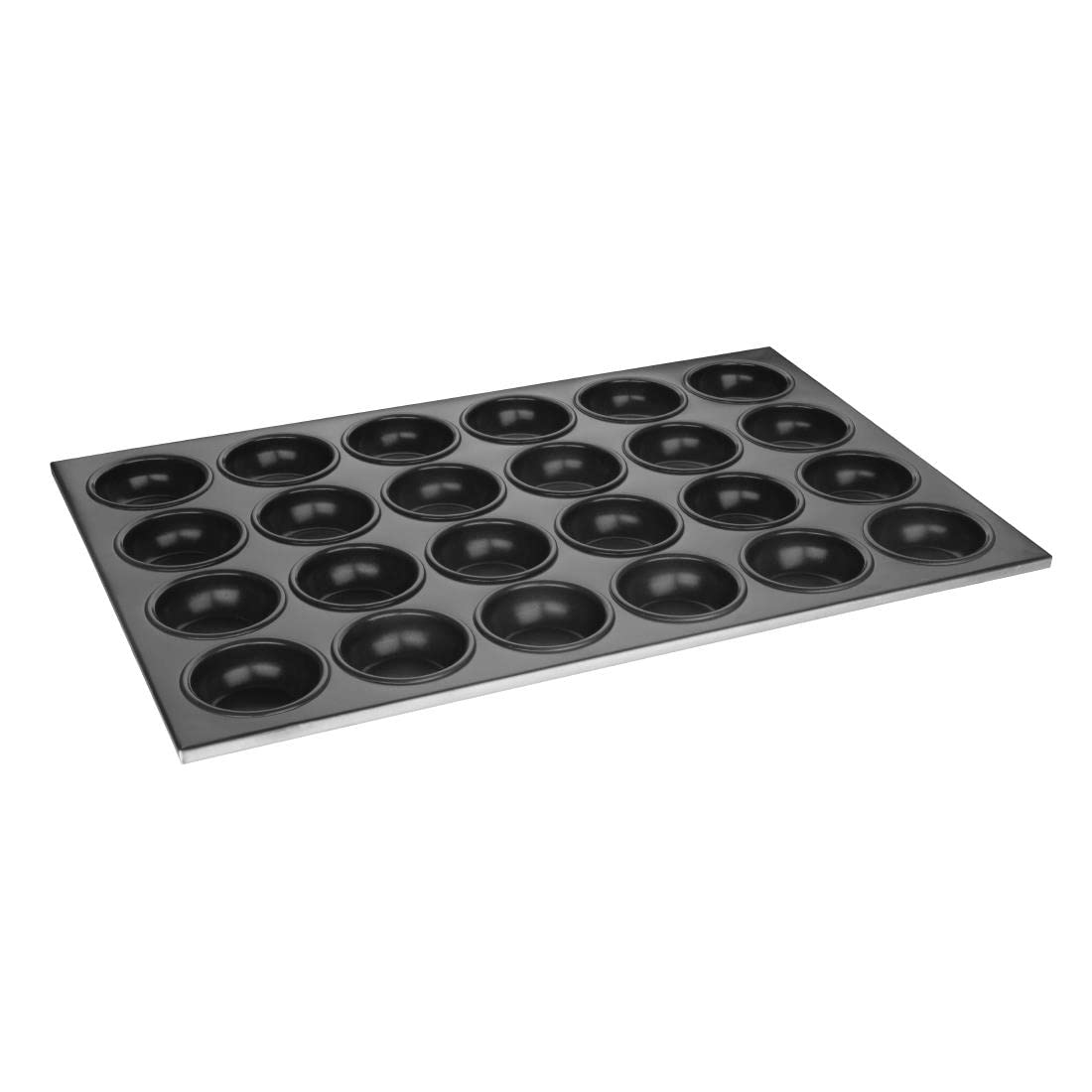 Vogue Black Aluminium Non-Stick Muffin Tray 24 Cup, Size: 360(W) X 525(L) Mm, Internal Cup Size: 35(D) X 80(Dia) Mm, Non-Stick Resin, Aluminium, Bakeware, C564