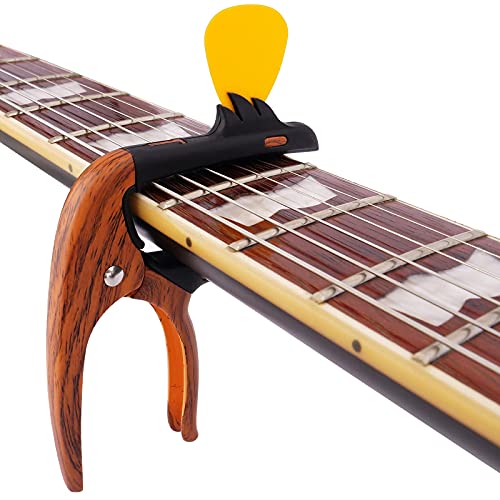 Fesley Guitar Capo,Capo For Acoustic Guitar, Capo For Electric Guitar With Pick Holder, Ukulele Capo For Electric Guitar Ukelele Bass And 3 Picks, Zinc Alloy, Wood Grain #TOP6