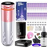 Mast Racer Pro Kit Tatouage Machine à Tatouer Sans Fil avec 20 Aiguilles, 2 Batteries et Encre Noire Ensemble Complet Pink Color