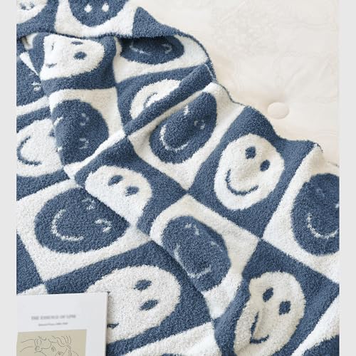 Image of Ultra Soft Cozy Happy Smiling Face Checkered Knitted Throw Blanket Fluffy Microfiber Checkerboard Bed Blanket Lightweight Both Sides Blanket for Couch Sofa Bed (Smile Blue, Throw 50 inchx60 inch)