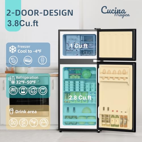 Image of Cucina Magica Mini Fridge with Freezer, 3.8 Cu.Ft Small Fridge, Energy Saving, Low Noise,7 Adjustable Thermostat, Double Door Small Refrigerator for Dorm, Bedroom, Office