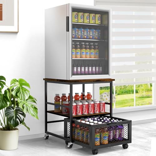 Image of sugitek 19.7x19.7in Mobile Mini Fridge Stand with 3 Storage,Small Beverage Refrigerator Table with Wheels Rolling Compact Drawer Cart,Great for Dorm Home Office, Printer Stand, Coffee Table