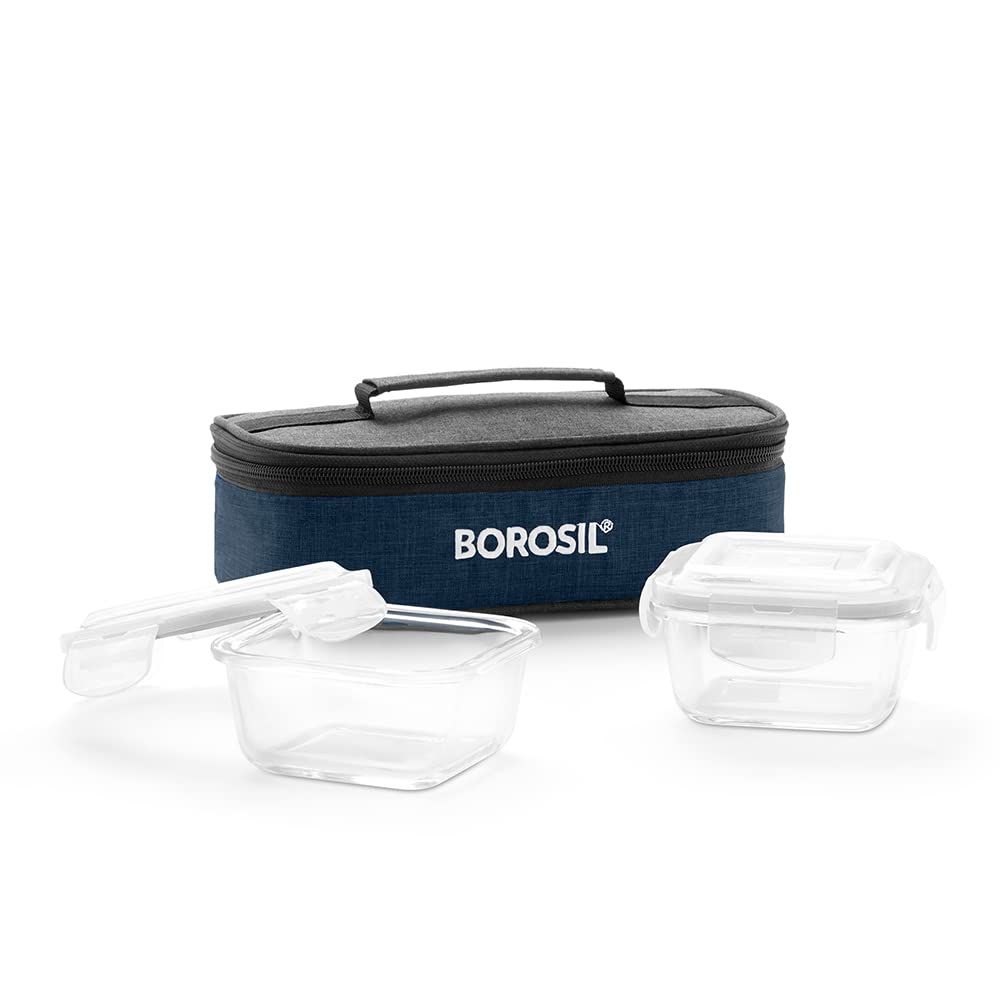 Borosil Elite Lunchbox with Bag | 2 pc Square Container Set (320 ml Each) | Borosilicate Glass, Vertical | Microwave & Dishwasher Safe, Leakproof | Tiffin for Office/School/College | Blue & Grey (B08C5SS9DQ) Amazon Price History, Amazon Price Tracker