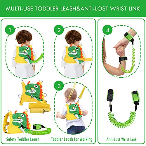 KWANITHINK Toddler Leashes for Walking Dinosaur, 2 in 1 Kids Safety Harness + Anti Lost Wrist Link with Lock, Baby Leash Harness for Walking Boys and Girls