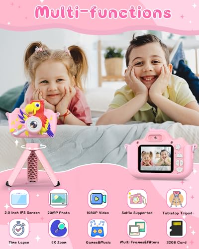 Macchina Fotografica Bambini, GREENKINDER Fotocamera Bambini con Treppiede, 2,0 Pollici 1080P HD Fotocamera Selfie, con Scheda da 32GB e Cordino, Regalo per Bambina 3-12 Anni, Rosa
