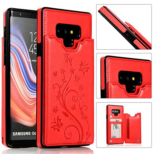 QFUN Back Wallet Case for Samsung Galaxy Note 9 with Stand, Elegant Embossed Design [Butterfly Flower] Lightweight Slim Fit Leather Phone Case with Card Holder Protective Bumper Flip Cover - Red