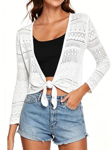 Image of Spicy Sandia Tie Front Sheer Shrug 3 /4 Sleeve Cropped Crochet Cardigan for Summer Lightweight