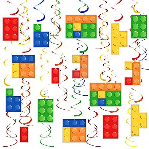 Image of Eersida 30 Pcs Building Blocks Party Favors Hanging Swirl Decoration Set with Single Double Hanging Swirl for Building Block Theme Birthday Baby Shower Summer Ceiling Decor
