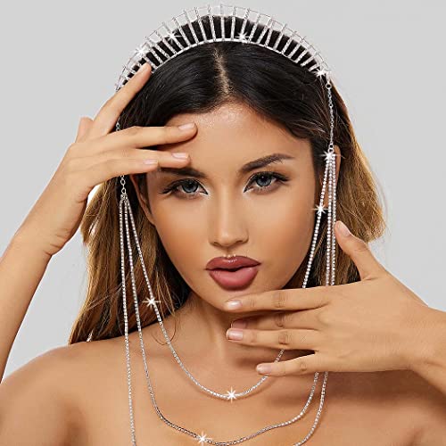 IYOU Mary Halo Crown Headband Silver Sparkly Rhinestone Goddess Headpiece Tassel Wedding Party Costume Hair Tiara Headwear for Women(Silver-B) - Image 3