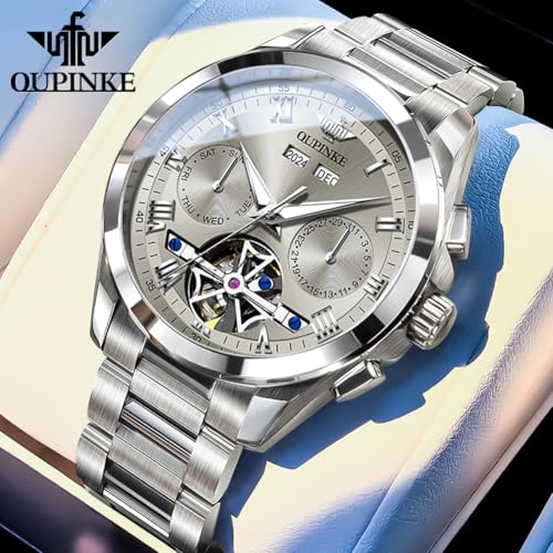 Image of OUPINKE Mens Automatic Watches Luxury Dress Self Winding Skeleton Tourbillon Mechanical Stainless Steel Sapphire Crystal Waterproof Genuine Watches for Men