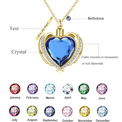 Solid Gold Heart Urn Necklace for Ashes 10K 14K 18K Real Gold Custom Cremation Urn Pendant Necklace with Blue Crystal, Personalized Memorial Keepsake Necklace for Women4