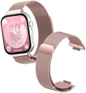 سوار ساعة معدني من الستانلس ستيل جيد التهوية ومقاوم للماء وقابل للتعديل من الجوال متوافق مع ساعة هواوي فيت 3، سوار بديل شبكي مغناطيسي لساعة هواوي فيت 3، بينك