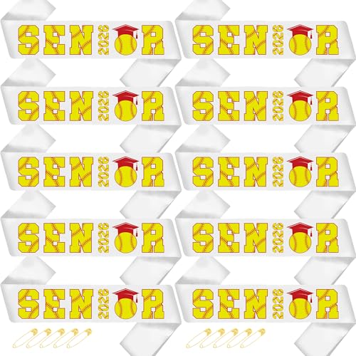 10 Pcs Senior 2026 Softball Graduation Sashes White Class of 2026 Sash with Softball & Grad Cap Print Senior Night Photo Booth Props for High School Graduation