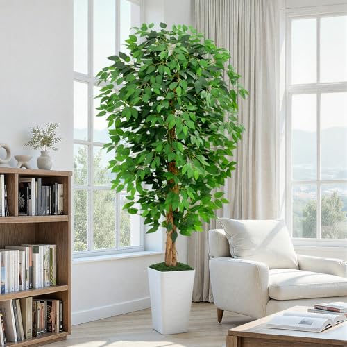 Image of 6ft Ficus Artificial Tree with 3 Natural Curved Trunks, 74 inch Tall Lush Faux Tree for Home Decor Indoor, Green Lifelike Fake Ficus Tree with White Wavy-Textured Planter Pot