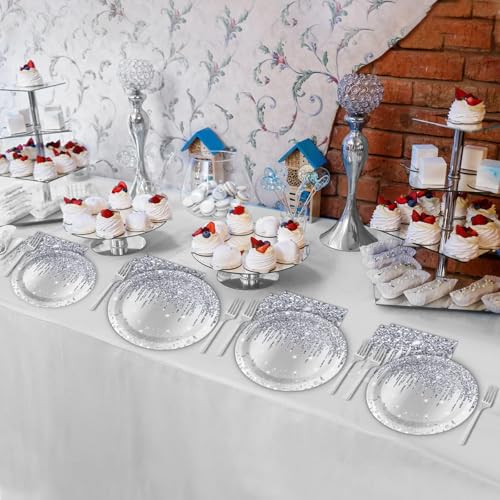 Image of 96 Pieces Silver Glitter Party Tableware Set for Denim and Diamonds Party Decorations Silver Plates and Napkins Forks Glitter Diamonds Theme Birthday Table Decorations for 24 Guests Parties Supplies