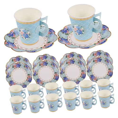 FRCOLOR 欧式花柄使い捨てティーカップと寸花辺紙皿 入り 紙製ハンドル付きカップ 花柄プレート おしゃれで便利な午後の茶会用食器 誕生日