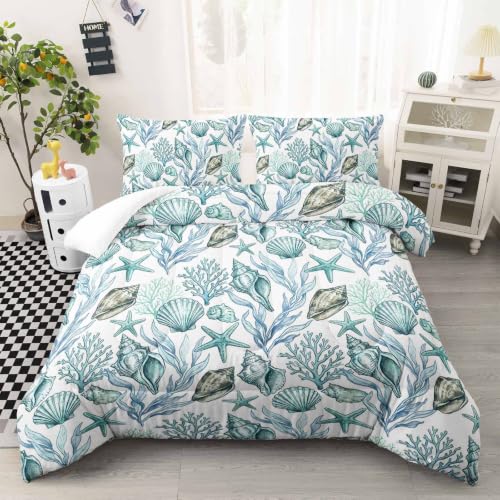 Image of AILONEN Teal Seashell Queen Comforter Set, Coastal Coral Starfish Home Ensemble, 3 Piece Microfiber Down Alternative Fill for Couples Family Guests