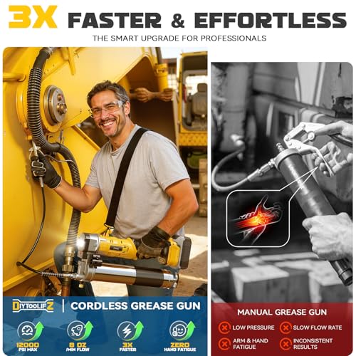 Image of DIYtoolifz Cordless Grease Gun Compatible with DeWalt 20V Battery, 12000PSI High-Pressure with 2-in-1 Rotating Handle, 39.4 inch Hose & 4 Couplers for Bulk & Cartridge Grease (Tool Only)