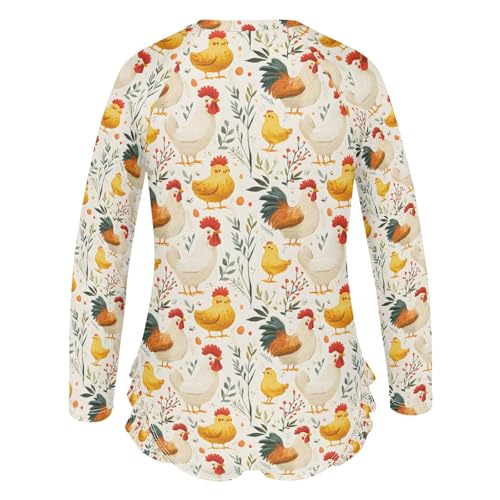 ALAZA Rooster Hen Chicken Leaves Girls One Piece Swimsuit Long Sleeve Rashguard Swimsuit UV 50+ Swimwear Zip3