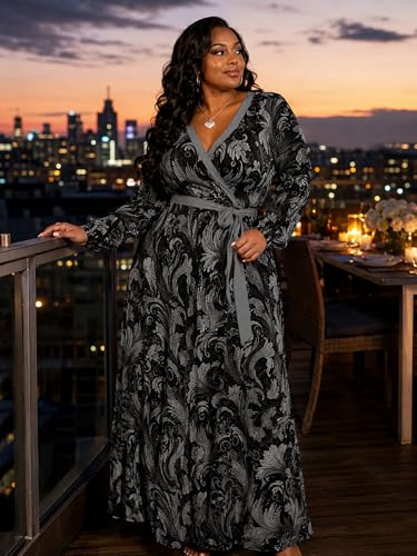 Image of PinkPatty Women's Print Maxi Dresses 3 /4 Sleeve Flowy Long Dress V Neck Wrap Tie Waist Sundress