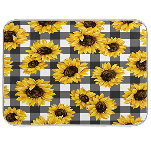 Kcldeci Dish Drying Mats for Kitchen, Buffalo Check Plaid Absorbent Microfiber Drying Mat, Black White Sunflower Rustic Farmhouse Dishes Drainer Pads 16x18 inch