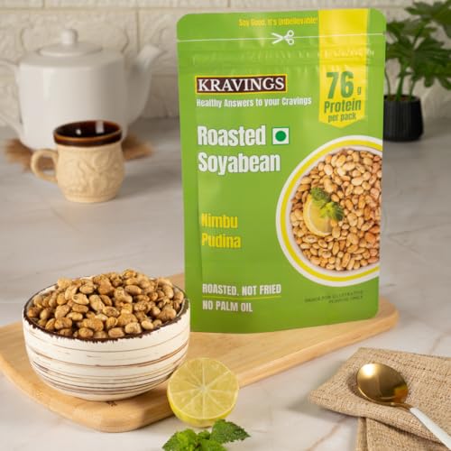 Image of Kravings Roasted Soyabean Protein Snack | 76g Natural Protein per Pack | Roasted Not Fried | Crunchy, Tasty & Delicious | Healthy Protein Rich Snack | Nimbu Pudina Flavour (Pack of 2, 200g Each) | 76g Natural Protein per Pack | Roasted Not Fried | Crunchy & Delicious | Healthy Protein Rich Snack | Nimbu Pudina Flavour