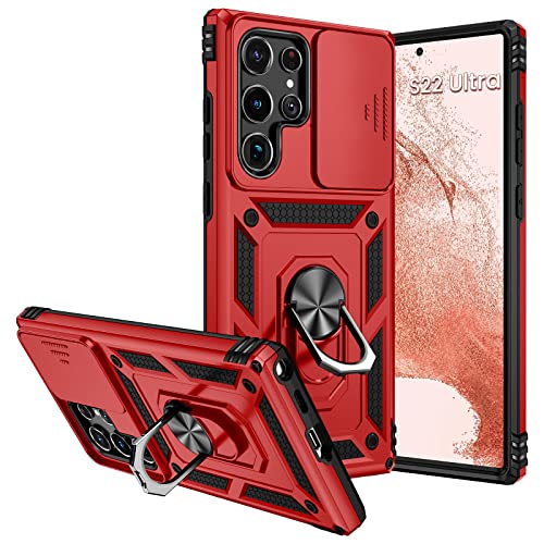 Goton for Samsung Galaxy S22 Ultra Case with Slide Camera Cover,Magnetic Ring Kickstand Military Grade Heavy Duty Protective for Car Mount Holder (Red)