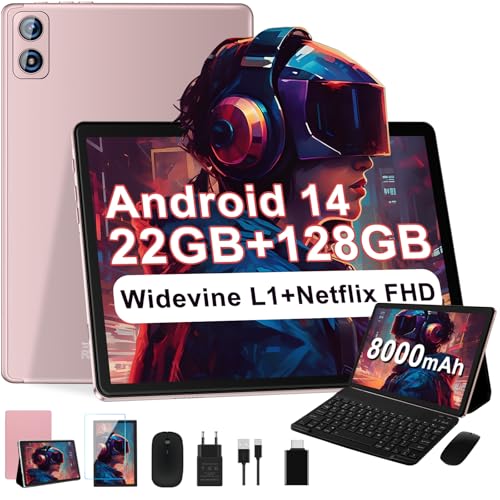 Dghrti 2025 Newest Tablet Android Tablet 10 Pulgadas, 22(6+16) GB RAM+128GB ROM/TF 2TB, 8000mAh, 8-Core CPU, 3D Face ID, Widevine L1, WLAN 6, BT5.0, GPS, 5MP+8MP, con Teclado+Ratón MetÃlica-Oro