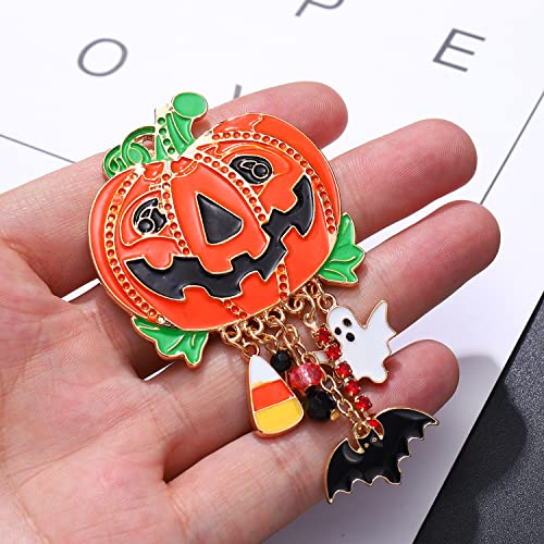 Image of Halloween Brooches for Women Enamel Pumpkin Bat Ghost Candy Corn Charm Brooch Pin Funny Happy Halloween Witchy Hat Cat Spider Skull Dangles Pins Halloween Costume Jewelry Gift
