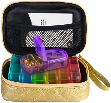 Pill Boxes with PU Leather Weekly Pill Organizer 7 Day 2 Times a Day AM PM Pill Box Portable Travel Pill Case with 7 Colorful Box for Vitamins, Cod Liver Oil, Supplements and Medication (Gold)