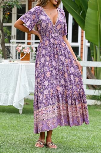 Image of R.Vivimos Women's Summer V Neck Maxi Dress Boho Floral Print Short Sleeve Elastic Waist Ruffle Patchwork A-Line Beach Dress