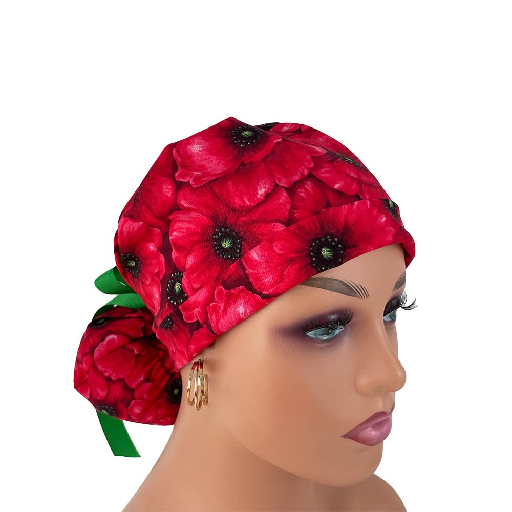 Turn Up Ponytail Medical Scrub Cap – Red Roses.- Dr. Hats, Nurses Hats. Bouffant Scrub Hats. Unisex Scrub Cap. Scrub Hat for Women & Men tie Back | Working Cap