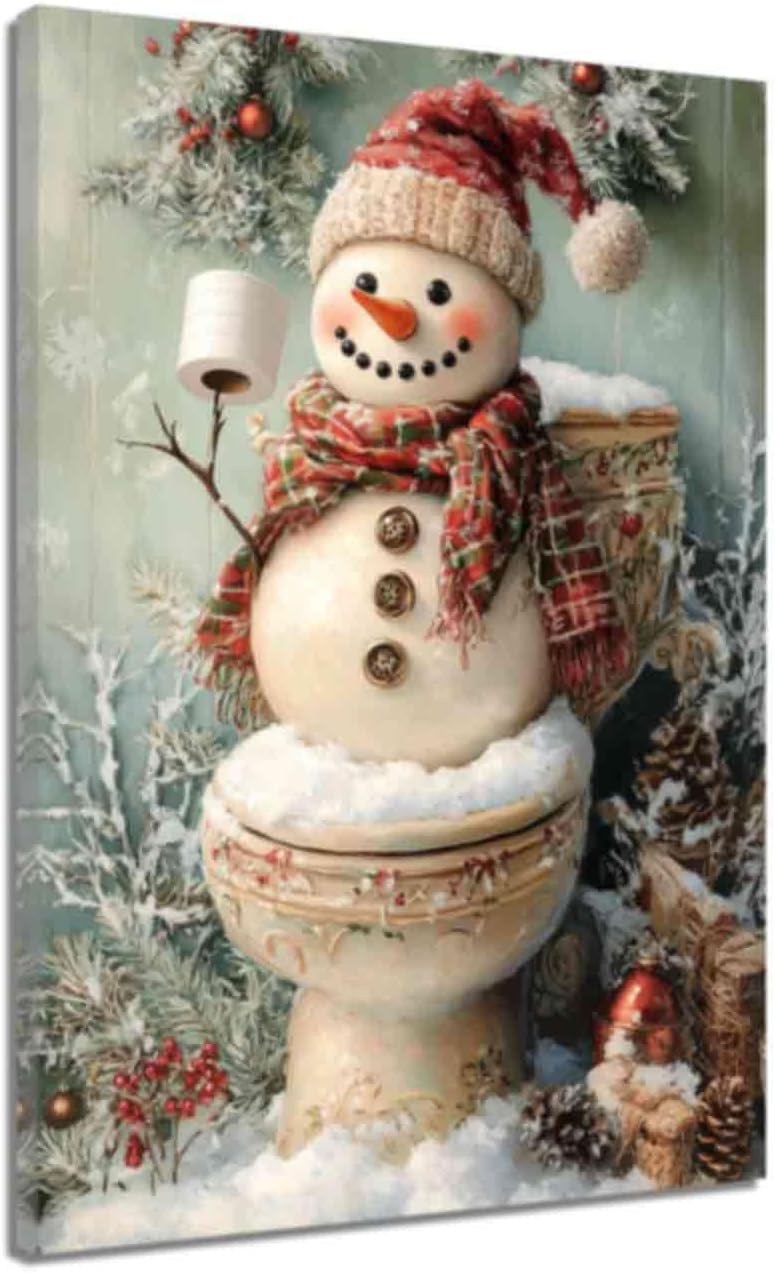 ZQQART Christmas Snowman Wall Art Snowman on Toilet Canvas Art Christmas Bathroom Picture Prints Winter Scene Painting Farmhouse Poster (White,12.00" x 18.00")