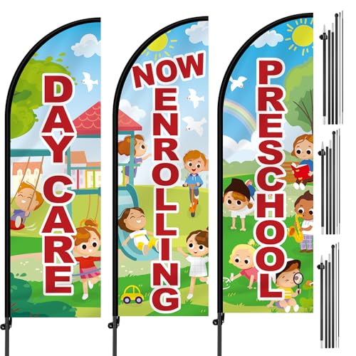 Newwiee 3 Set 7 ft Now Enrolling Day Care Feather Flags with Pole Kit and Ground Stake Weatherproof Polyester Now Enrolling Flags Day Care Marketing Sign Banner for Schools Child Business Advertising