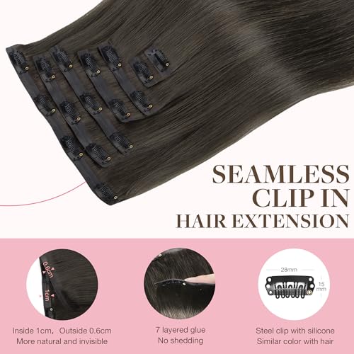 Image of GOO GOO Clip in Hair Extensions Real Human Hair, Remy Human Hair Extensions Clip ins for Women, Natural Human Hair, 16inch 130g 7Pcs, 1C Mocha Brown