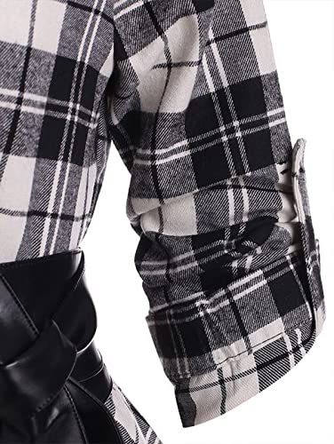 Women Plaid Shirt Dress with PU Waist Belt A-Line High Low Tunic Dresses Elegant Vintage Button Down Dress S-XXL4