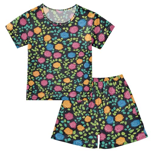 Colorful Roses Flower Pajama Set Pajamas Sleepwear Nightwear Loungewear Clothes Set B04042713