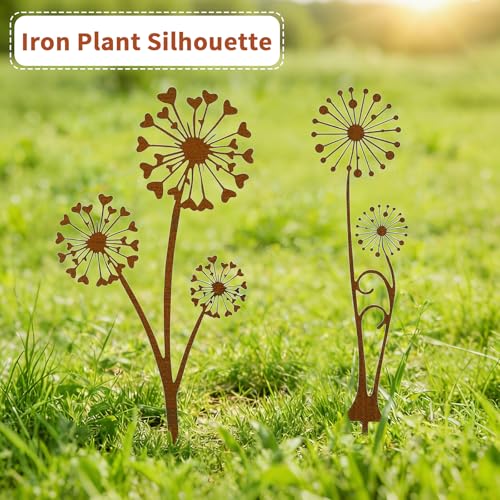 Rusokufo 4 Stück Rost Dekorative Gartenpfähle Metall, Pusteblume Metall Rostdeko Gartenstecker für Pflanzenbeet, Terrasse, Blumentopf und Outdoor Gartendekoration