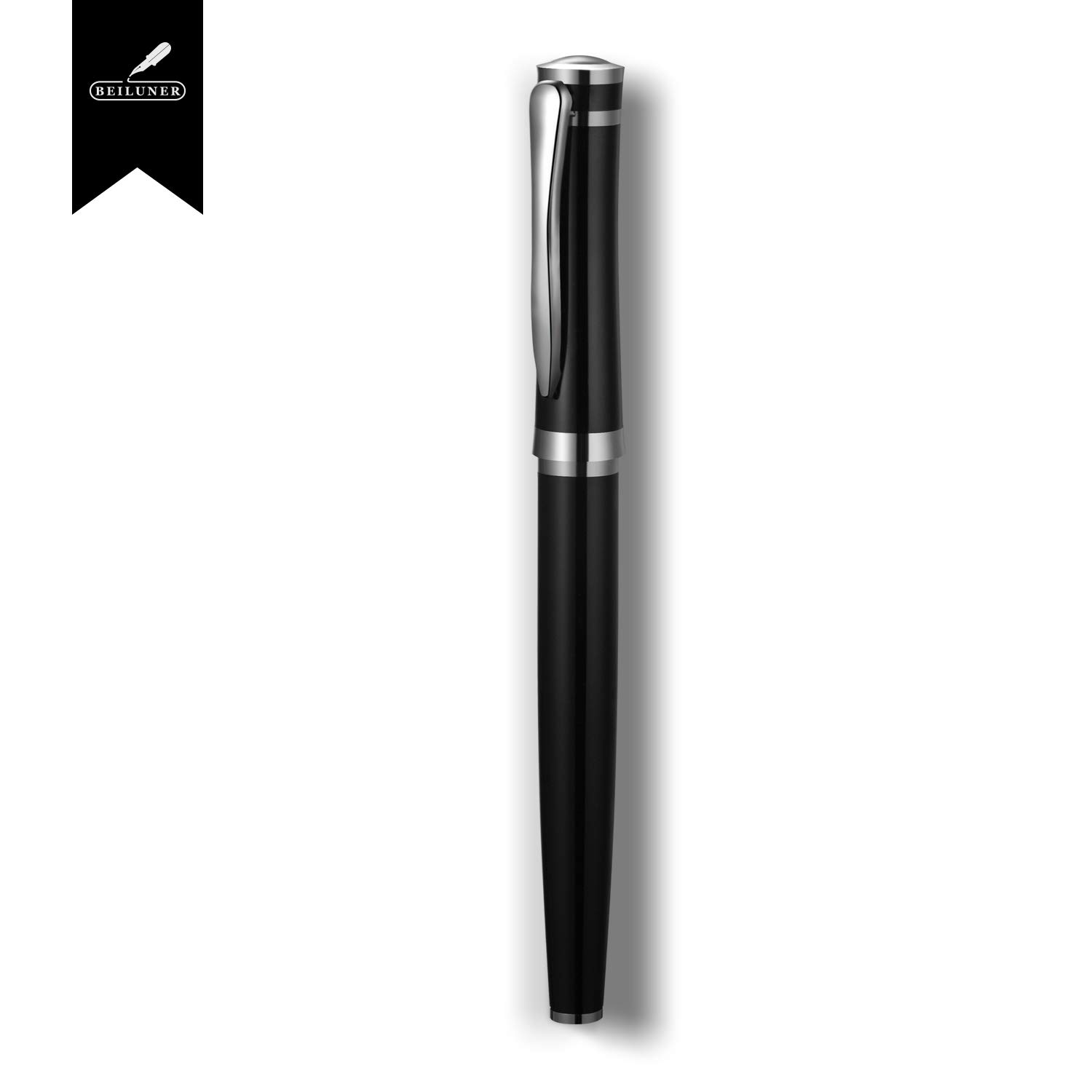 BEILUNER Ensemble de stylo-plume de luxe – Corps en acier inoxydable – Pointe moyenne en iridium Allemagne – Comprend 6 cartouches d'encre et convertisseur de recharge d'encre – Étui cadeau – Parfait