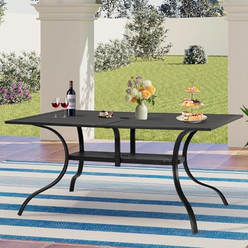 Image of Incbruce Patio Dining Table, 60 inch x 36 inch Rectangle Metal Steel Slat Table, with 1.57 inch Umbrella Hole, for Backyards, Porches, Gardens or Poolside
