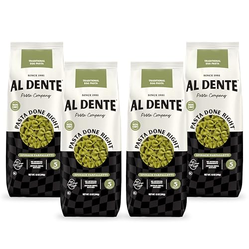 Al Dente Spinach Farfalletti – All-Natural, Hand-Crafted Egg Pasta. Traditional Pasta Noodles Made with Cage-Free Eggs, Semolina, and Spinach. (Packaging May Vary) - 12oz Bags (Pack of 4)